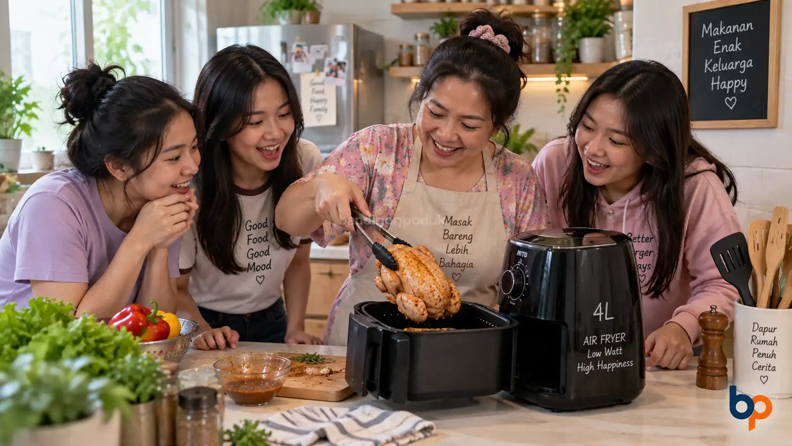 7 Air Fryer Low Watt Terbaik 2026: Pilihan Hemat untuk Listrik 900 VA + Simulasi Tagihan PLN 27 keluarga sedang masak di dapur dengan membuka kapasitas air fryer 4 liter