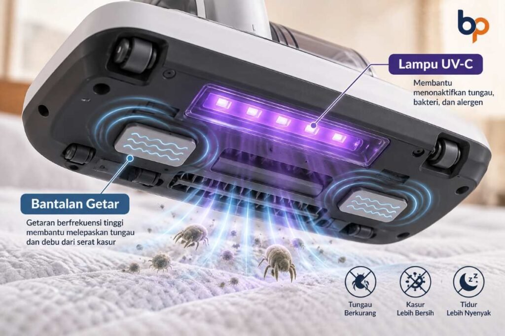 Fitur lampu UV-C dan bantalan getar pada vacuum cleaner anti tungau