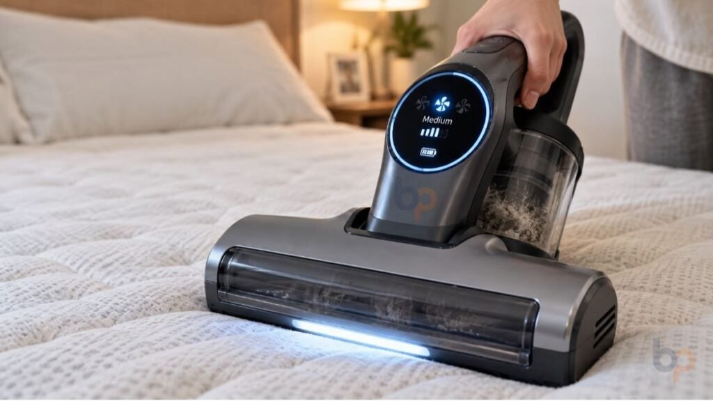 indikator daya hisap vacuum cleaner kasur saat membersihkan tungau