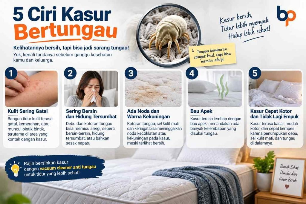 infografik lima ciri kasur banyak tungau yang mudah dikenali