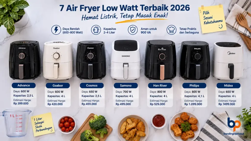 7 Air Fryer Low Watt Terbaik 2026: Pilihan Hemat untuk Listrik 900 VA + Simulasi Tagihan PLN 17 7 Rekomendasi Air Fryer Low Watt Terbaik 2026