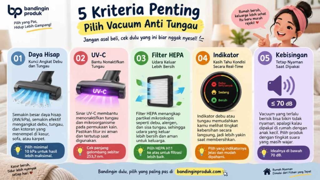 infografik kriteria vacuum cleaner anti tungau sebelum beli