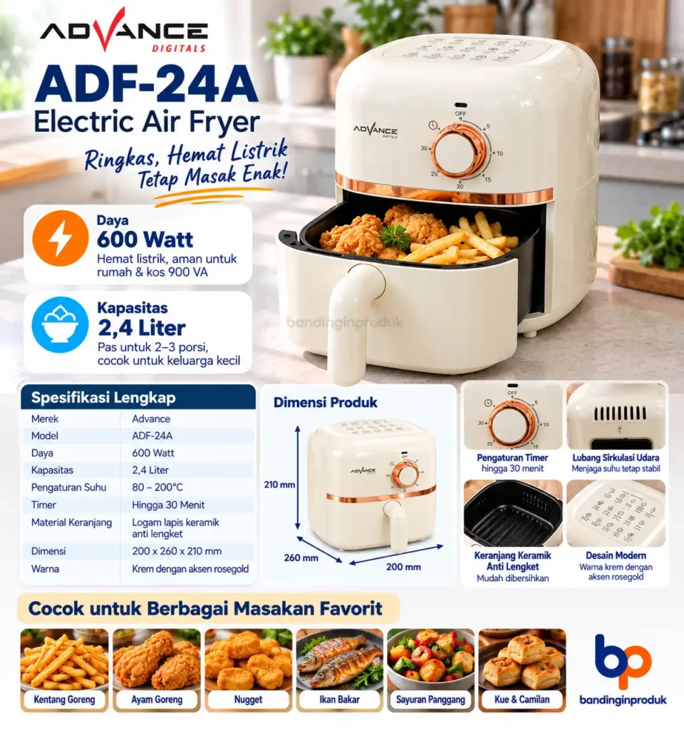Infografik spesifikasi Air Fryer Mini 2 Liter Advance ADF-24A dengan kapasitas 2,4 liter dan daya 600W