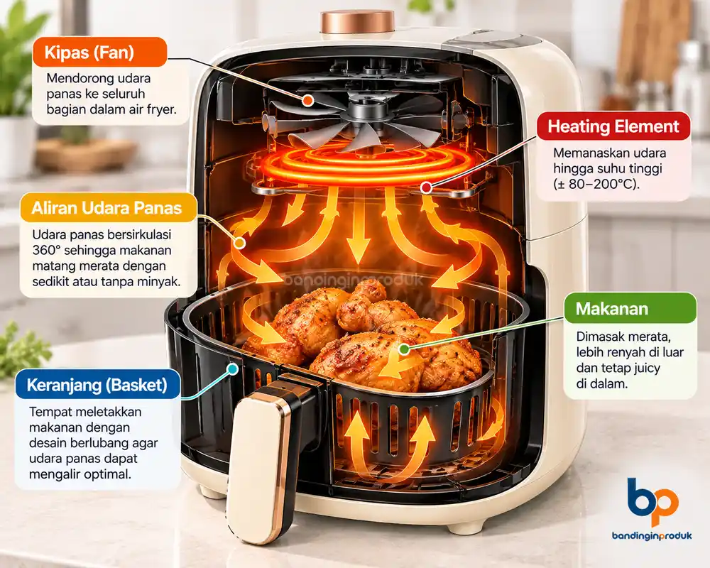 ilustrasi cara kerja air fryer dengan sirkulasi udara panas
