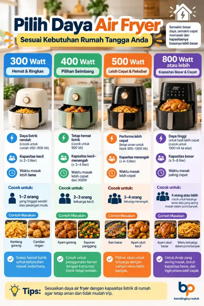 perbandingan daya listrik air fryer berdasarkan watt