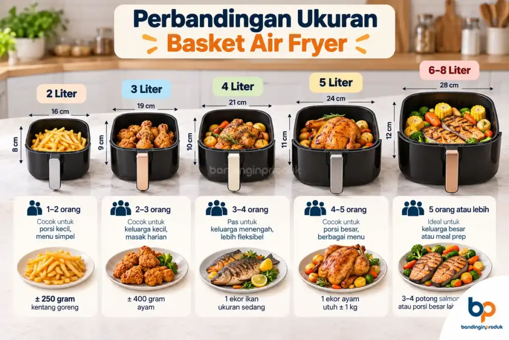 perbandingan kapasitas basket air fryer berdasarkan ukuran